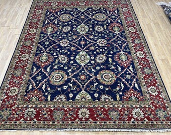 Alfombra oriental azul de 23 x 36 cm, anudada a mano, para dormitorio, sala de estar, de lana con tintes vegetales, con hojas de hoz, floral, oriental