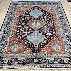 Alfombra Heriz azul y roja de 23 x 30 cm, anudada a mano, para dormitorio, sala de estar, de lana con tintes vegetales, con diseño floral, para oficina y con medallones.