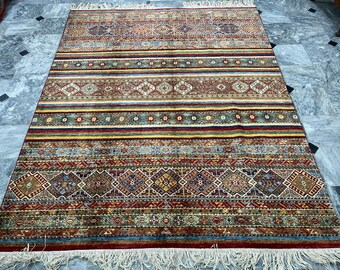 6x8 Striped Tribal Khorjin Area Rug, Hand Knotted Rug, Bedroom Rug, Tribal Rug, Veg Dye Wool, Oriental Rug, Striped Rug, Living Room Rug