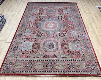 Alfombra Mameluca Roja de 23 x 33 cm, Anudada a Mano, para Dormitorio, Sala de Estar, de Lana Teñida con Vegetales, con Medallón Turco, para Oficina, Oriental