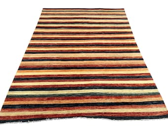 Tapete Gabbeh Multicolorido 7x10, Tapete Feito à Mão, Tapete para Quarto, Tapete Tribal, Lã Tingida com Vegetais, Tapete Oriental, Tapete Listrado Afegão, Tapete para Sala de Estar
