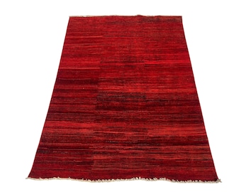 4x6 Red Gabbeh Area Rug, Hand Knotted Rug, Bedroom Rug, Tribal Rug, Veg Dye Wool, Oriental Afghan Rug, Striped Rug, Living Room Rug
