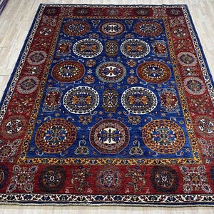 Alfombra oriental azul y roja de 23 x 30 cm, anudada a mano, para dormitorio, sala de estar, de lana con tintes vegetales, con medallón, para oficina, oriental