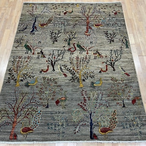 5x7 Tree of Life Birds Area Rug, Hand Knotted Rug, Bedroom Rug, Rug for Living Room, Veg Dye Wool, Oriental Tree Rug, Office Rug, Birds Rug