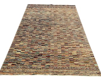 Tapete Gabbeh listrado multicolorido 7x10, tapete feito à mão, tapete para quarto, tapete tribal, lã tingida com corantes vegetais, tapete oriental, tapete listrado, tapete para sala de estar
