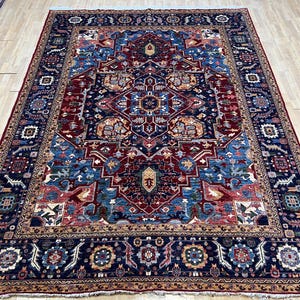 Alfombra Heriz azul y roja de 23 x 30 cm, anudada a mano, para dormitorio, sala de estar, de lana con tintes vegetales, con diseño floral, para oficina y con medallones.