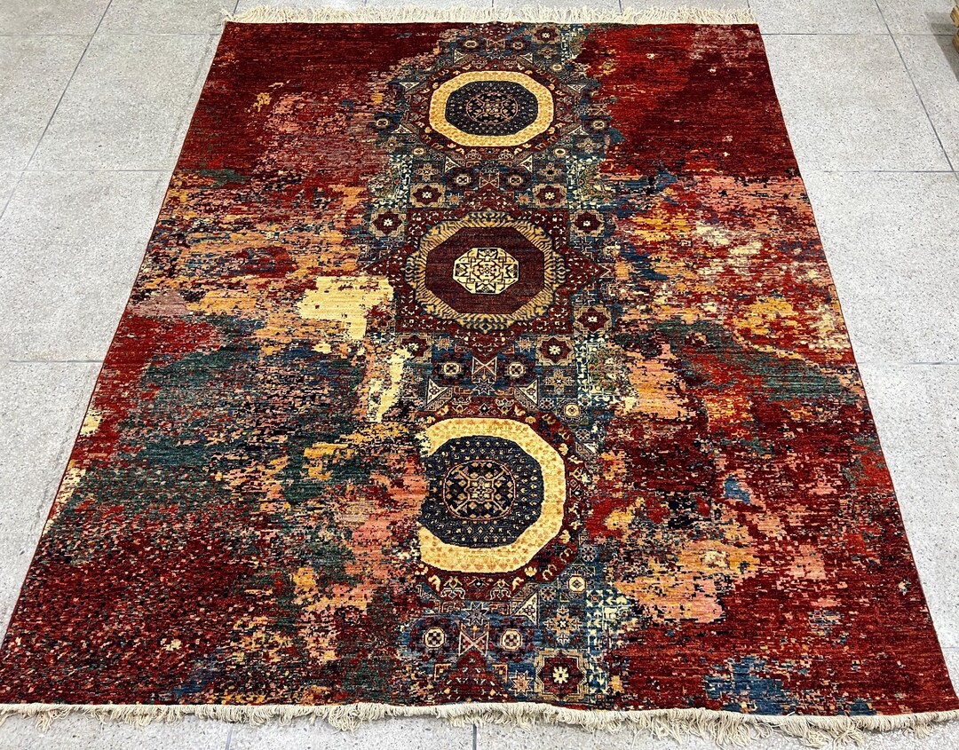 8x10 Ft Red Abstract Mamluk Area Rug - Afghan Hand Knotted Veg Dye Wool ...