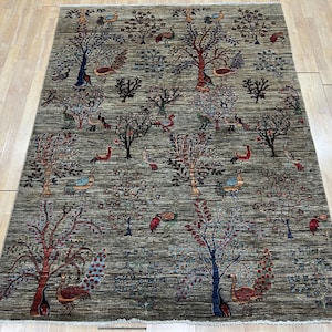 5x7 Tree of Life Birds Area Rug, Hand Knotted Rug, Bedroom Rug, Rug for Living Room, Veg Dye Wool, Oriental Tree Rug, Office Rug, Birds Rug