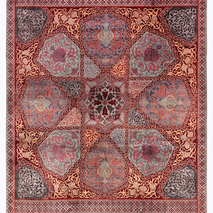 Alfombra oriental fina de 2,7 x 3,6 m, color rojo y gris, anudada a mano, de alta calidad, para sala de estar