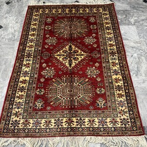 5x7 Red Tribal Kazak Area Rug, Hand Knotted Rug, Bedroom Rug, Tribal Rug, Veg Dyes Wool, Oriental Rug, Tribal Rug, Living Room Rug
