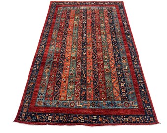 5x8 Fine Red Oriental Striped Area Rug, Hand Knotted Rug, Bedroom Rug, Tribal Rug, Veg Dye Wool, Oriental Rug, Living Room Rug, Floral Rug