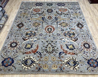 Alfombra Serapi gris de 23 x 36 cm, anudada a mano, para dormitorio, sala de estar, de lana con tintes vegetales, de hoja de hoz, para oficina, oriental