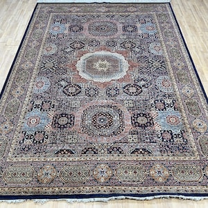 9x12 Blue Mamluk Area Rug, Hand Knotted Rug, Bedroom Rug, Rug for Living Room, Veg Dye Wool, Turkish Medallion Rug, Office Rug, Oriental Rug