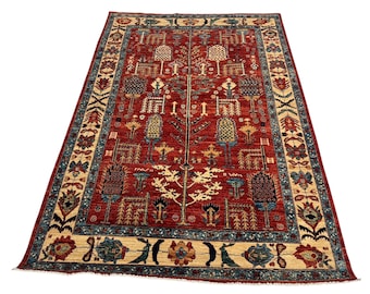 6x9 Red Beige Serapi Area Rug, Hand Knotted Rug, Bedroom Rug, Tribal Rug, Veg Dye Wool, Oriental Rug, Floral Rug, Living Room Rug, Tree Rug