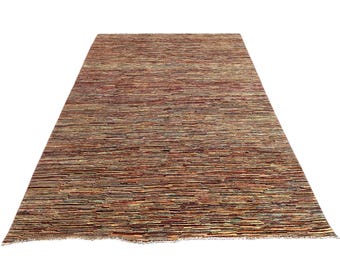 Tapete Gabbeh Multicolorido 7x10, Tapete Feito à Mão, Tapete para Quarto, Tapete Tribal, Lã Tingida com Vegetais, Tapete Oriental, Tapete Listrado Afegão, Tapete para Sala de Estar