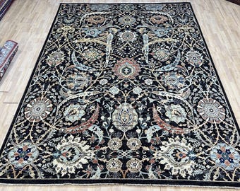 Alfombra Serapi negra de 23 x 30 cm, anudada a mano, para dormitorio, sala de estar, de lana con tintes vegetales, de hoja de hoz, para oficina, oriental