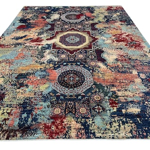 10x14 Blue Abstract Mamluk Area Rug, Hand Knotted Rug, Bedroom Rug, Rug for Living Room, Veg Dyes Wool, Oriental Turkish Rug, Rug for Office
