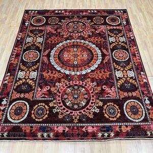 Alfombra oriental burdeos de 8 x 10 pulgadas, anudada a mano, para dormitorio, sala de estar, de lana con tintes vegetales, con medallón, para oficina y tribal.