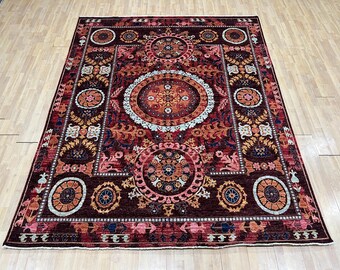 Alfombra oriental burdeos de 8 x 10 pulgadas, anudada a mano, para dormitorio, sala de estar, de lana con tintes vegetales, con medallón, para oficina y tribal.