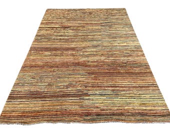 Tapete Gabbeh Multicolorido 7x10, Tapete Feito à Mão, Tapete para Quarto, Tapete Tribal, Lã Tingida com Vegetais, Tapete Oriental, Tapete Listrado Afegão, Tapete para Sala de Estar