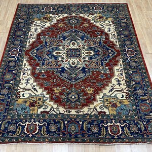 Alfombra Heriz roja de 8 x 10 pulgadas, anudada a mano, para dormitorio, sala de estar, de lana con tintes vegetales, oriental, de oficina y floral afgano.