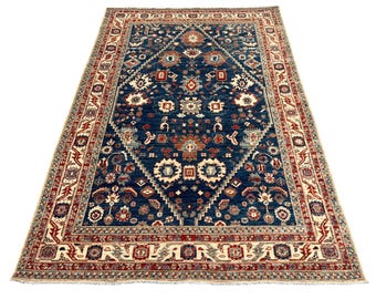 6x9 Blue Floral Oriental Area Rug, Hand Knotted Rug, Bedroom Rug, Tribal Rug, Veg Dye Wool, Oriental Rug, Floral Serapi Rug, Living Room Rug