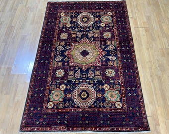 100x150 Blauer Mamluk Teppich, Handgeknüpfter Teppich, Teppich für Wohnzimmer, Teppich für Wohnzimmer, Handgefärbter Wollteppich, Hausteppich