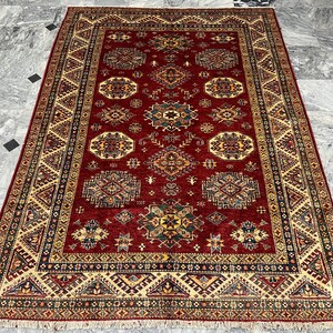 6x8 Red Tribal Kazak Area Rug, Hand Knotted Rug, Bedroom Rug, Tribal Rug, Veg Dyes Wool, Oriental Rug, Tribal Afghan Rug, Living Room Rug