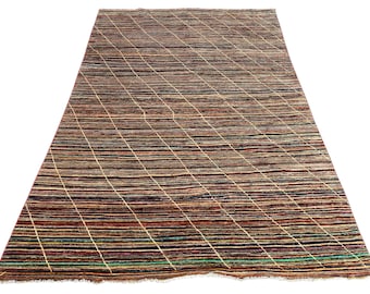 Tapete Gabbeh listrado multicolorido 7x10, tapete feito à mão, tapete para quarto, tapete tribal, lã tingida com corantes vegetais, tapete oriental, tapete listrado, tapete para sala de estar