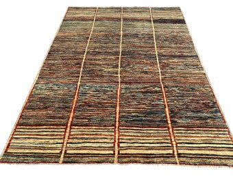 7x10 Beige Striped Gabbeh Area Rug, Hand Knotted Rug, Bedroom Rug, Tribal Rug, Veg Dye Wool, Oriental Rug, Striped Rug, Living Room Rug