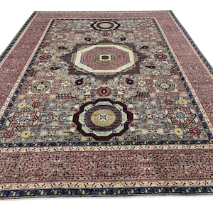 10x14 Blue Mamluk Area Rug, Hand Knotted Rug, Bedroom Rug, Rug for Living Room, Veg Dyes Wool, Medallion Turkish Rug, Rug for Office