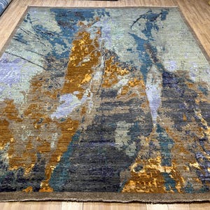 12x15 Blue Gold Oriental Area Rug, Hand Knotted Rug, Bedroom Rug, Rug for Living Room, Veg Dyes Wool, Modern Rug, Office Rug, Abstract Rug