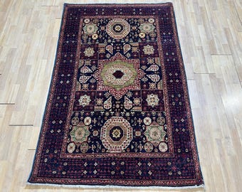 100x150 Blauer Mamluk Teppich, Handgeknüpfter Teppich, Teppich für Wohnzimmer, Teppich für Wohnzimmer, Handgefärbter Wollteppich, Hausteppich