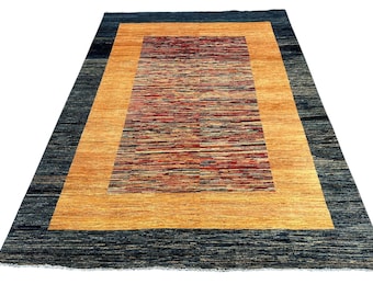 Tapete Gabbeh listrado multicolorido 7x10, tapete feito à mão, tapete para quarto, tapete tribal, lã tingida com corantes vegetais, tapete oriental, tapete listrado, tapete para sala de estar