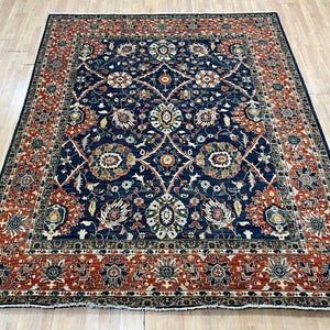 Alfombra oriental azul marino de 8 x 10 pulgadas, anudada a mano, para dormitorio, sala de estar, de lana con tintes vegetales, oriental, para oficina, con diseño floral.