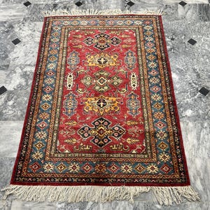 4x6 Red Tribal Kazak Area Rug, Hand Knotted Rug, Bedroom Rug, Tribal Rug, Veg Dyes Wool, Oriental Rug, Tribal Rug, Living Room Rug