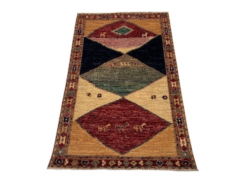 5x7 Beige Red Oriental Area Rug, Hand Knotted Rug, Bedroom Rug, Tribal Rug, Veg Dye Wool, Oriental Animal Rug, Pattern Rug, Living Room Rug