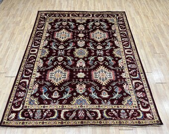 Alfombra oriental burdeos de 8 x 10 pulgadas, anudada a mano, para dormitorio, sala de estar, de lana con tintes vegetales, con diseño floral, para oficina y tribal.