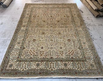 Alfombra Serapi beige fina de 2,7 x 3,6 m - Alfombra de lana anudada a mano - Alfombra floral afgana