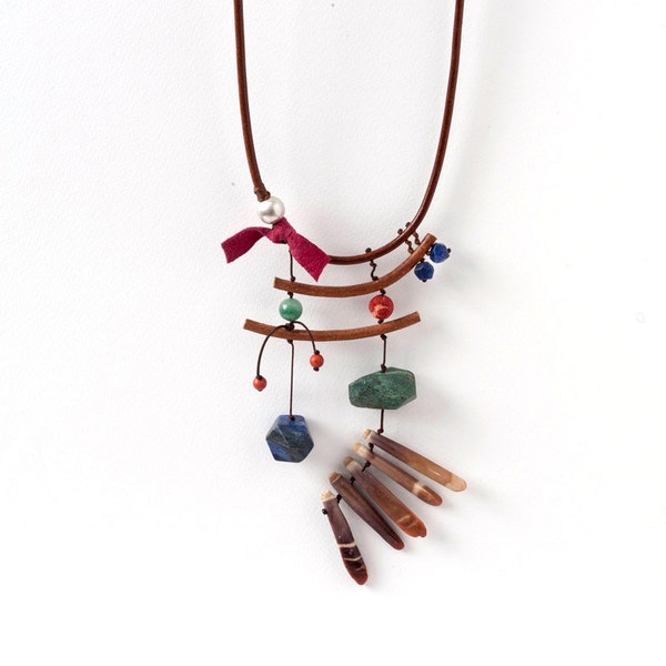 Reserved  Brown Leather Cord Necklace with Gemstones in Earthy Colors