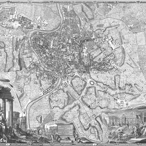 May include: A detailed black and white map of Rome, Italy, from the 1700s. The map shows the city's streets, buildings, and landmarks. The map is surrounded by a decorative border.