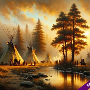 May include: A painting depicting a Native American encampment in a forest setting. The scene features several teepees, figures of people, and a river flowing through the center of the image. The sky is a vibrant orange and yellow, suggesting a sunset or sunrise. The trees are tall and slender, with a misty atmosphere. The painting is titled "18"x"12" Canvas."