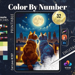 Cat Love Color by Numbers Printable Paint by Numbers Digital Coloring Pages Procreate Coloring Color by Number Animals Coloring Cute Pages