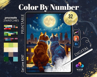 Cat Love Color by Numbers Printable Paint by Numbers Digital Coloring Pages Procreate Coloring Color by Number Animals Coloring Cute Pages