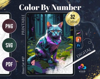 May include: Color by number digital download featuring a stylized illustration of a blue and purple cat in a forest setting. The image includes the text "Glass Cat #97" and "32 Colors".