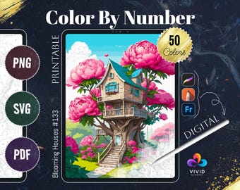 Könnte beinhalten: Digitaler Download zum Ausmalen nach Zahlen mit einem fantasievollen Baumhaus, das in einem blühenden rosa Baum eingebettet ist. Das Bild enthält 50 Farben und ist mit "Blooming Houses #133" beschriftet.
