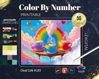 May include: Digital colouring page featuring a rainbow, clouds, and three cups of coffee. The title "Cloud Cafe #183" is at the bottom of the image. The image is labelled "Printable" and "50 Colours".
