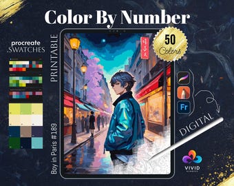 Può includere: Un'illustrazione digitale di colorazione per numeri di un giovane in piedi in una strada parigina. L'illustrazione è sullo schermo di un tablet con uno stilo nelle vicinanze. L'immagine include il testo "Color By Number", "50 Colors", "Boy in Paris #189", "Procreate Swatches", "Fr", "Digital" e "Vivid Numbers".