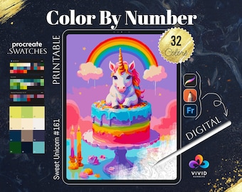 Sweet Unicorn Coloring by Number Paint by Numbers Digital Coloring Pages Procreate Coloring Fantasy Coloring Pages Fantasy Coloring Page