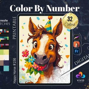 Happy Horse Color by Numbers Printable Paint by Numbers Digital Coloring Pages Procreate Coloring Color by Number Animal Coloring Pages